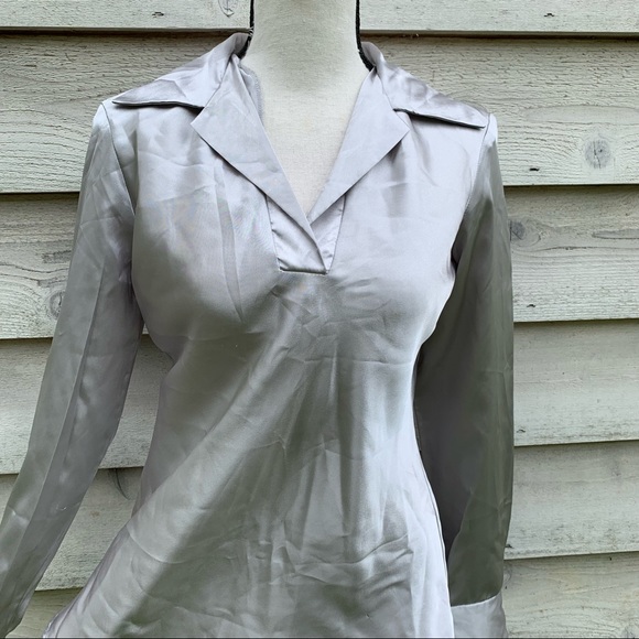Vintage 90s Silver Gray Satin Collared V-Neck Long Sleeve Fitted Popover Blouse - Picture 7 of 16